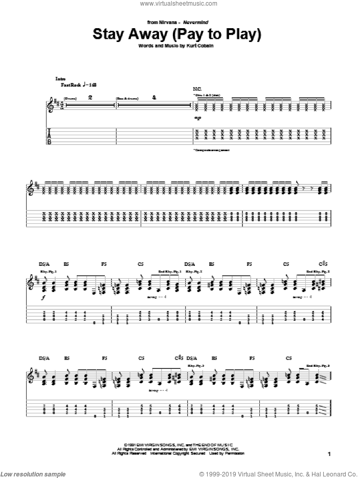 Stay Away sheet music for guitar (tablature) by Nirvana and Kurt Cobain, intermediate skill level