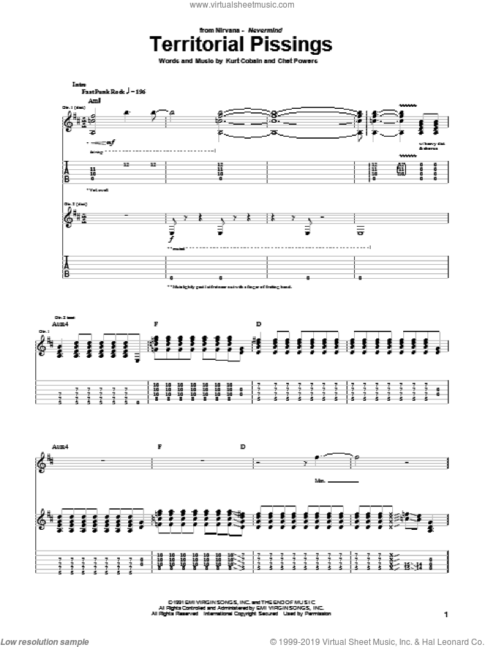 Territorial Pissings sheet music for guitar (tablature) by Nirvana, Chet Powers and Kurt Cobain, intermediate skill level