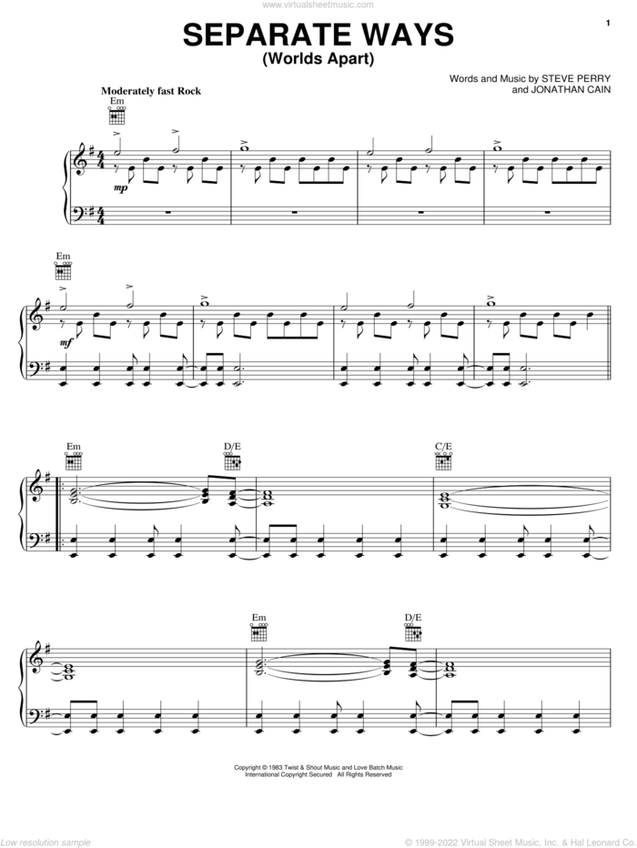 Separate Ways (Worlds Apart) sheet music for voice, piano or guitar by Journey, Jonathan Cain and Steve Perry, intermediate skill level