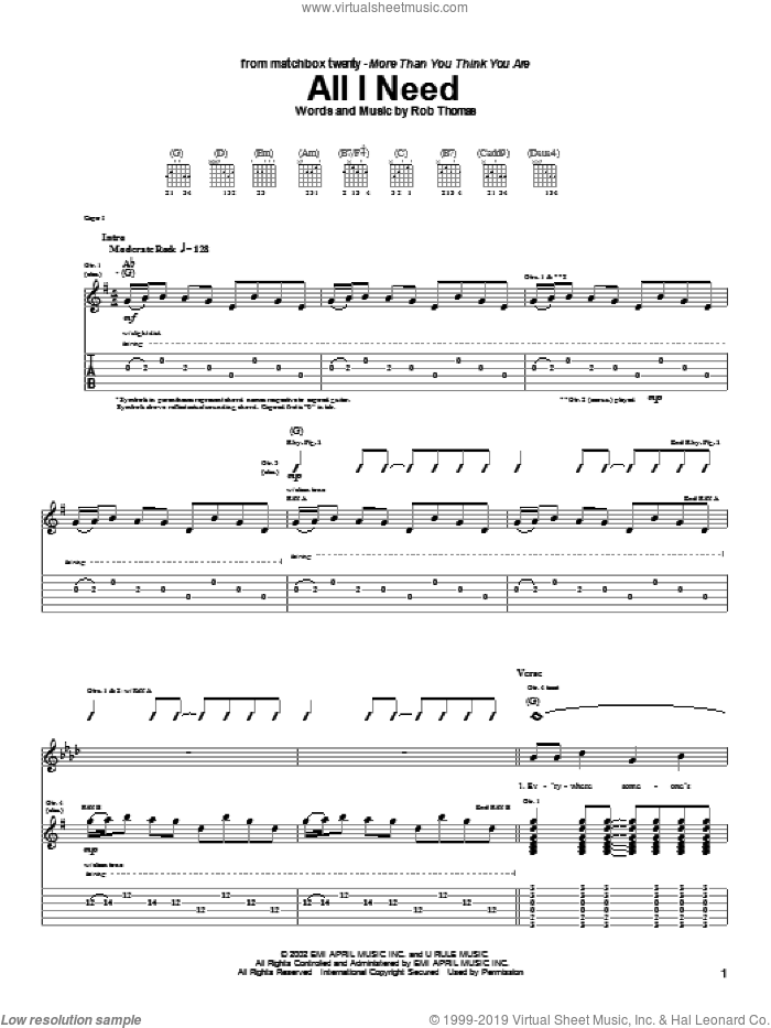 All I Need sheet music for guitar (tablature) by Matchbox Twenty, Matchbox 20 and Rob Thomas, intermediate skill level