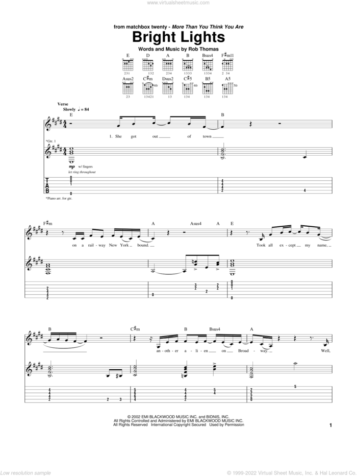 Bright Lights sheet music for guitar (tablature) by Matchbox Twenty, Matchbox 20 and Rob Thomas, intermediate skill level