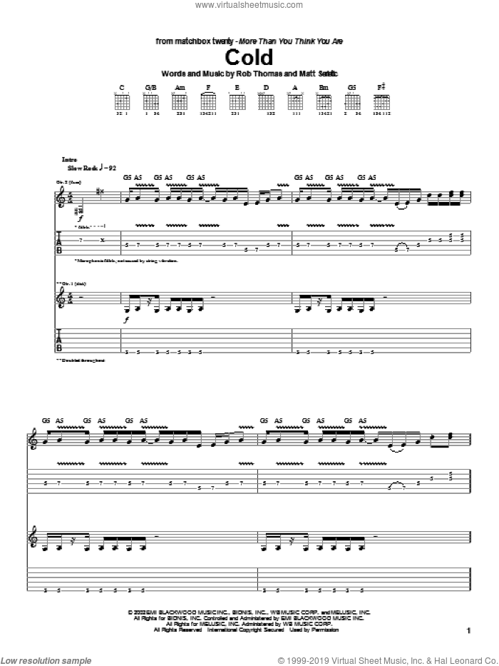 Cold sheet music for guitar (tablature) by Matchbox Twenty, Matchbox 20, Matt Serletic and Rob Thomas, intermediate skill level