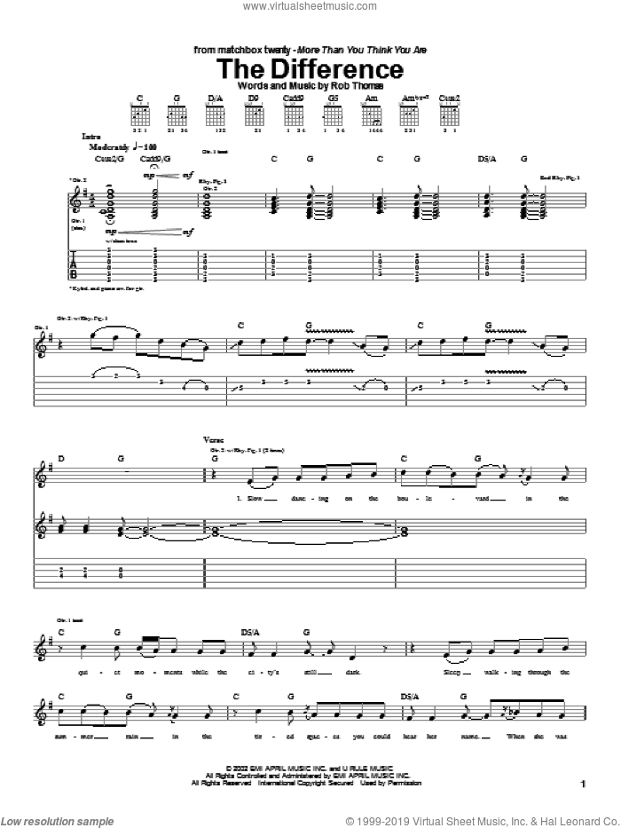 The Difference sheet music for guitar (tablature) by Matchbox Twenty, Matchbox 20 and Rob Thomas, intermediate skill level