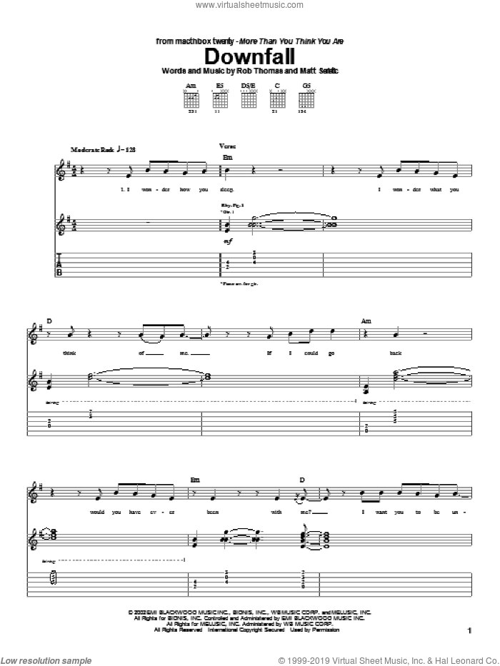 Downfall sheet music for guitar (tablature) by Matchbox Twenty, Matchbox 20, Matt Serletic and Rob Thomas, intermediate skill level