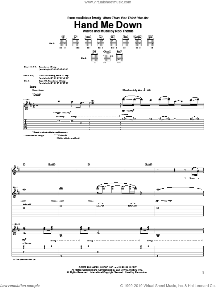 Hand Me Down sheet music for guitar (tablature) by Matchbox Twenty, Matchbox 20 and Rob Thomas, intermediate skill level