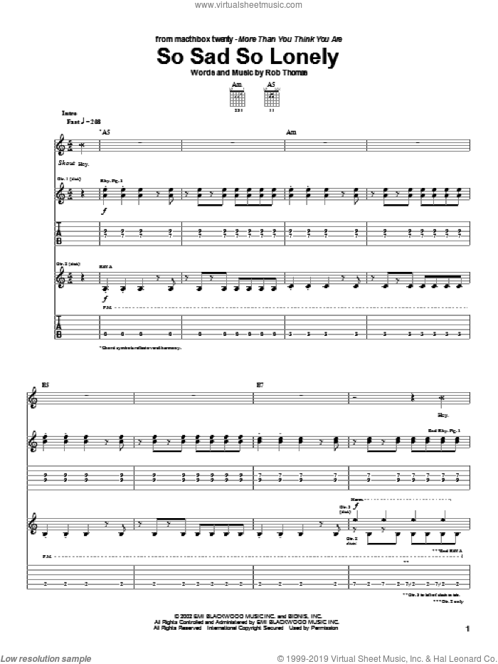 So Sad So Lonely sheet music for guitar (tablature) by Matchbox Twenty, Matchbox 20 and Rob Thomas, intermediate skill level