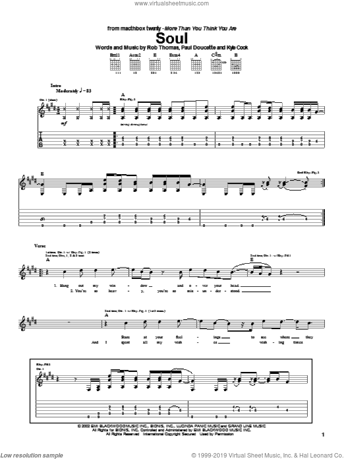 Soul sheet music for guitar (tablature) by Matchbox Twenty, Matchbox 20, Kyle Cook, Paul Doucette and Rob Thomas, intermediate skill level