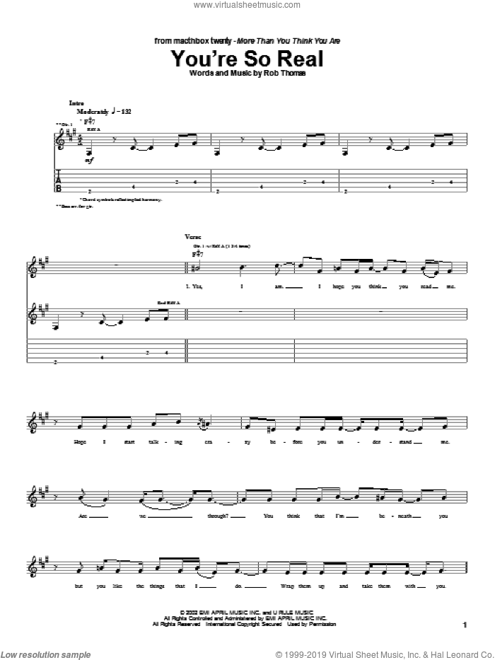 You're So Real sheet music for guitar (tablature) by Matchbox Twenty, Matchbox 20 and Rob Thomas, intermediate skill level