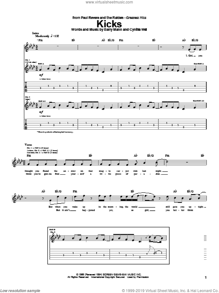 Kicks sheet music for guitar (tablature) by Paul Revere & The Raiders, Barry Mann and Cynthia Weil, intermediate skill level