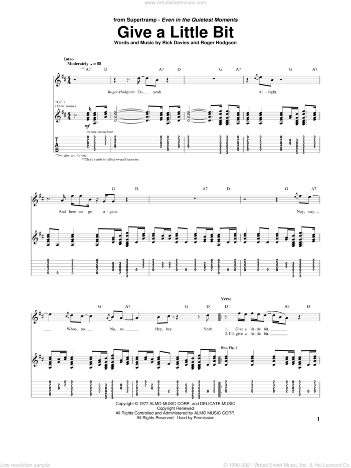 Give A Little Bit sheet music for guitar (tablature) by Supertramp, Rick Davies and Roger Hodgson, intermediate skill level