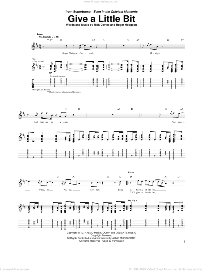 Give A Little Bit sheet music for guitar (tablature) by Supertramp, Rick Davies and Roger Hodgson, intermediate skill level