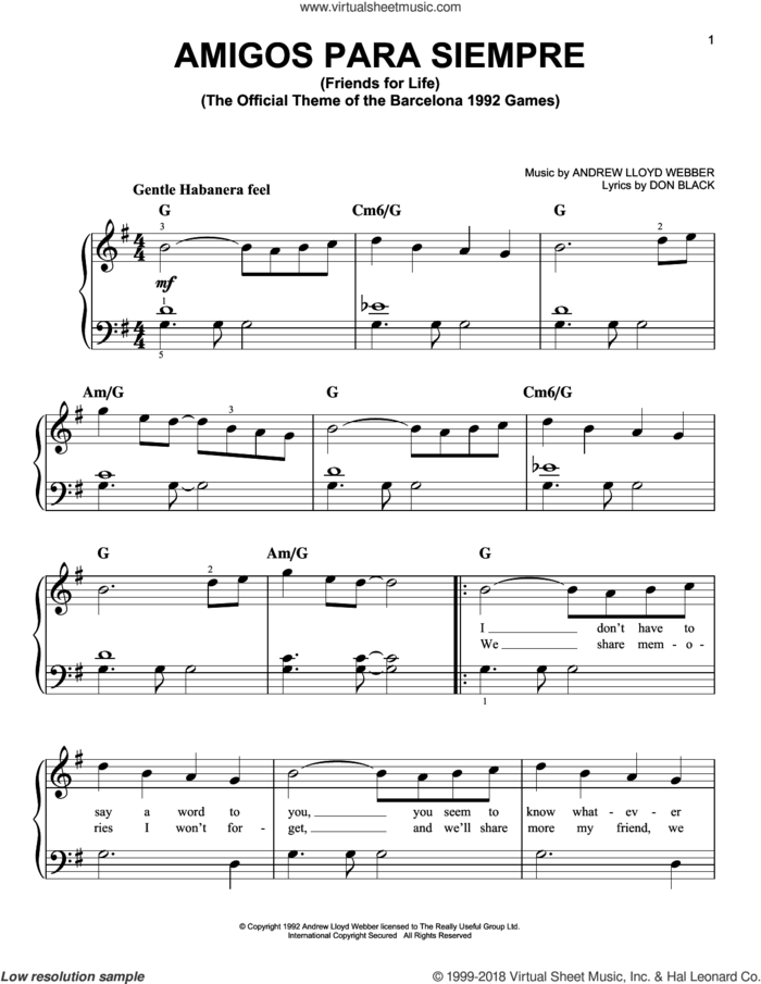 Amigos Para Siempre (Friends For Life), (easy) sheet music for piano solo by Andrew Lloyd Webber and Don Black, easy skill level