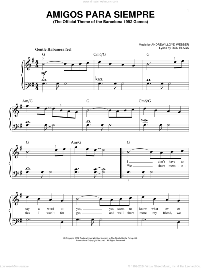 Amigos Para Siempre (Friends For Life), (easy) sheet music for piano solo by Andrew Lloyd Webber and Don Black, easy skill level