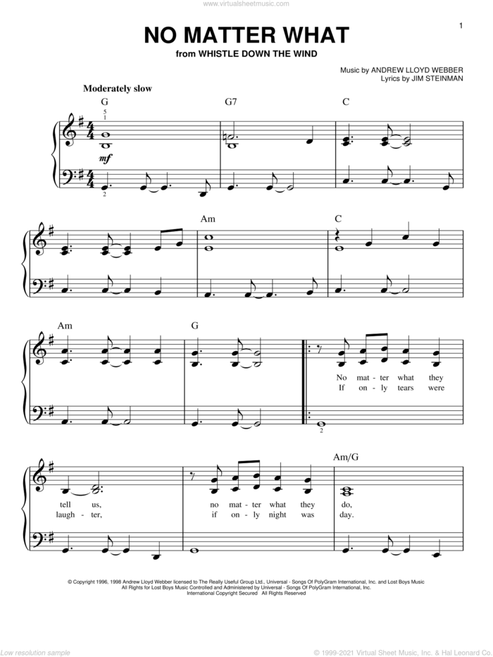 No Matter What (from Whistle Down the Wind) sheet music for piano solo by Andrew Lloyd Webber, Boyzone, Whistle Down The Wind (Musical) and Jim Steinman, easy skill level