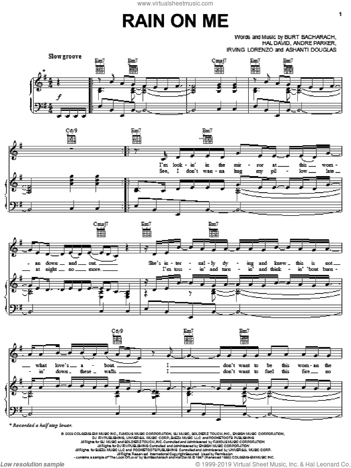 Rain On Me sheet music for voice, piano or guitar by Ashanti, Andre Parker, Burt Bacharach and Hal David, intermediate skill level