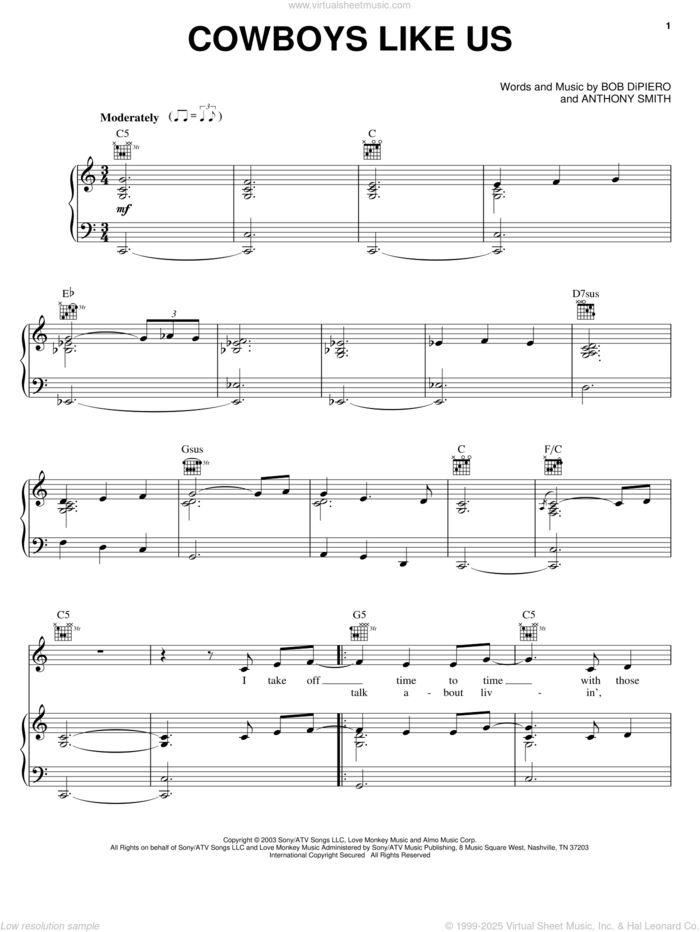 Cowboys Like Us sheet music for voice, piano or guitar by George Strait, Anthony Smith and Bob DiPiero, intermediate skill level