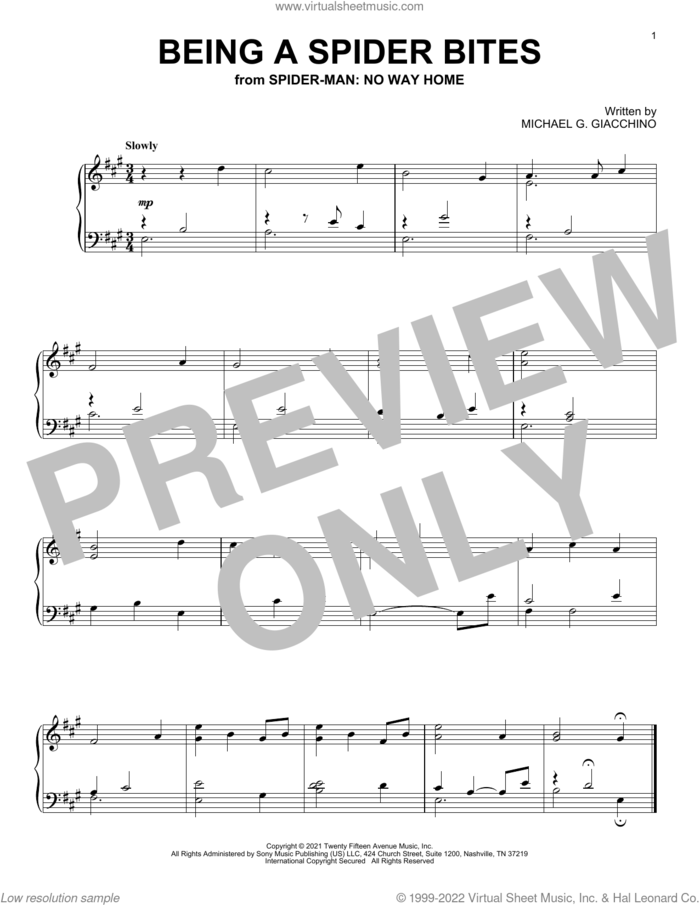 Being A Spider Bites (from Spider-Man: No Way Home) sheet music for piano solo by Michael Giacchino and Michael G. Giacchino, intermediate skill level