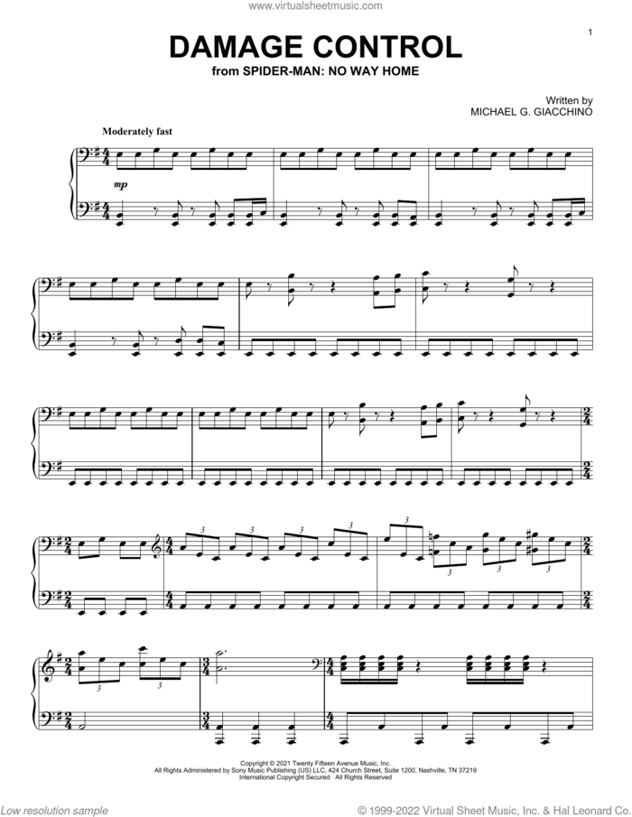 Damage Control (from Spider-Man: No Way Home) sheet music for piano solo by Michael Giacchino and Michael G. Giacchino, intermediate skill level