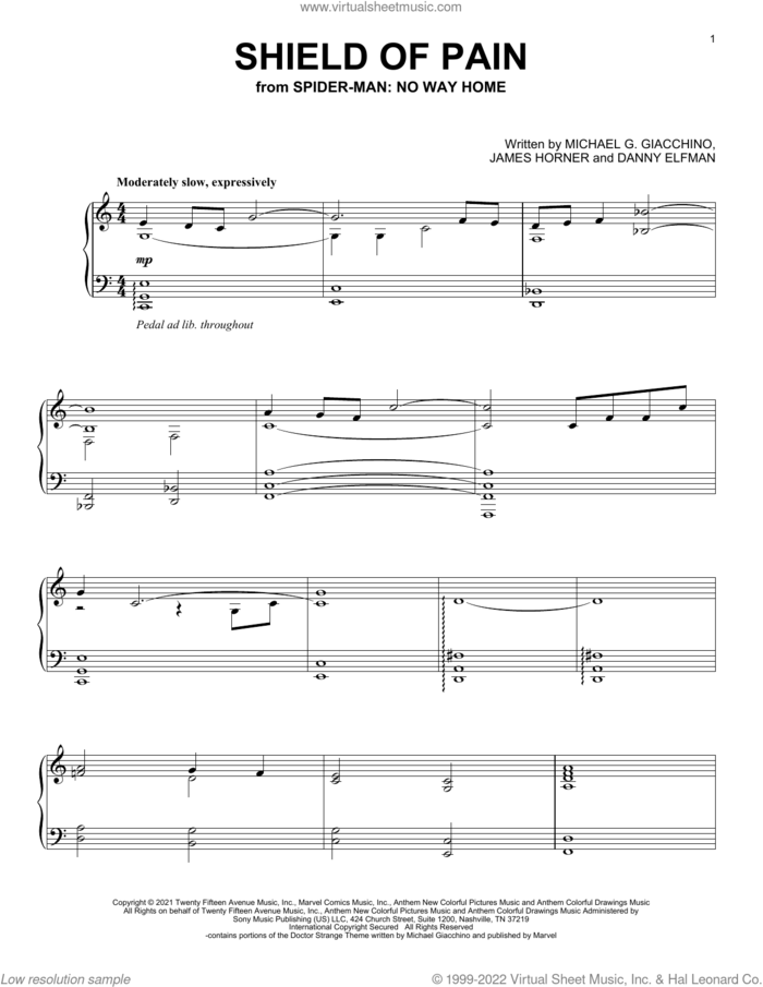 Shield Of Pain (from Spider-Man: No Way Home) sheet music for piano solo by Michael Giacchino, Danny Elfman, James Horner and Michael G. Giacchino, intermediate skill level