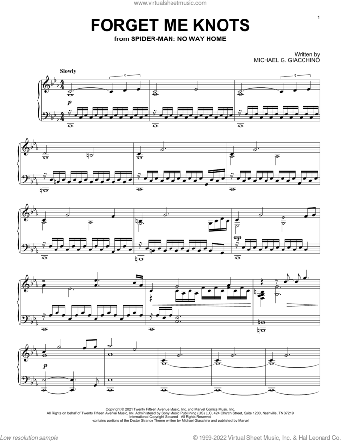 Forget Me Knots (from Spider-Man: No Way Home) sheet music for piano solo by Michael Giacchino and Michael G. Giacchino, intermediate skill level
