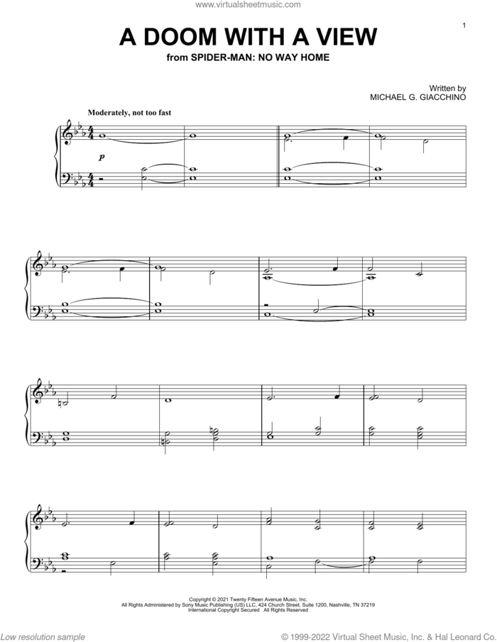 A Doom With A View (from Spider-Man: No Way Home) sheet music for piano solo by Michael Giacchino and Michael G. Giacchino, intermediate skill level