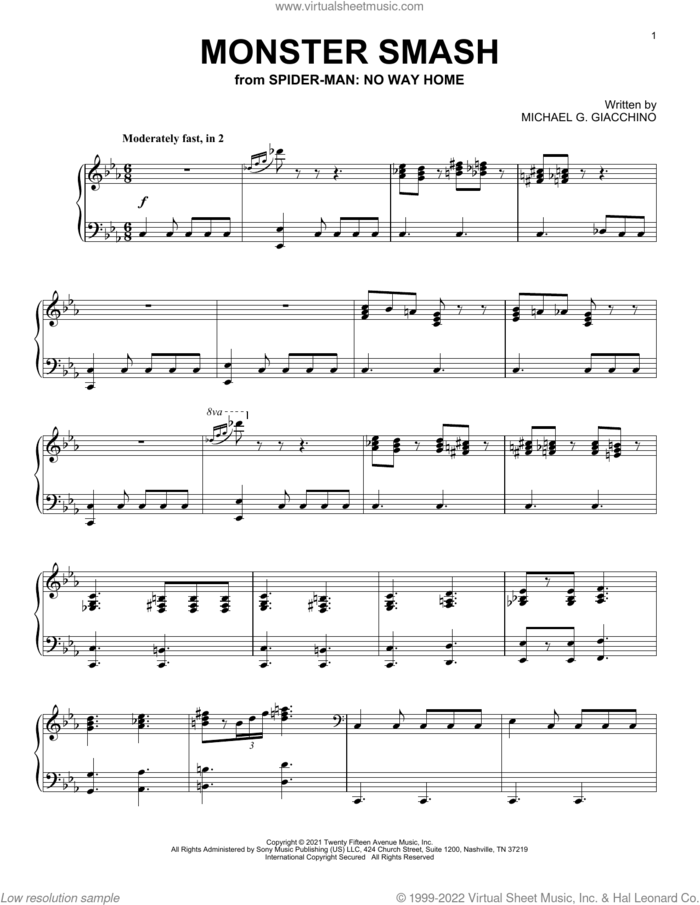 Monster Smash (from Spider-Man: No Way Home) sheet music for piano solo by Michael Giacchino and Michael G. Giacchino, intermediate skill level