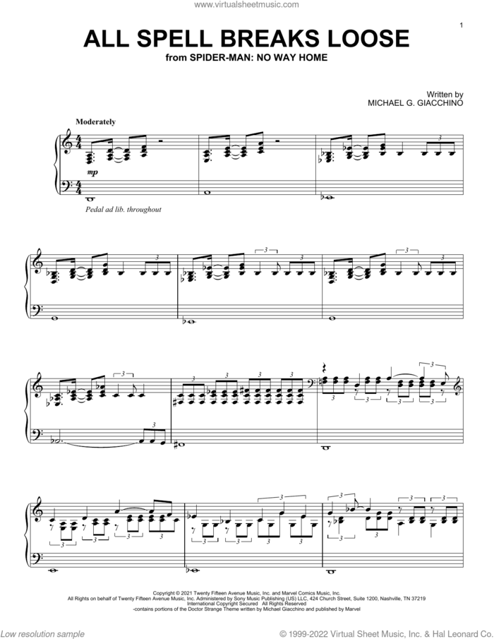 All Spell Breaks Loose (from Spider-Man: No Way Home) sheet music for piano solo by Michael Giacchino and Michael G. Giacchino, intermediate skill level