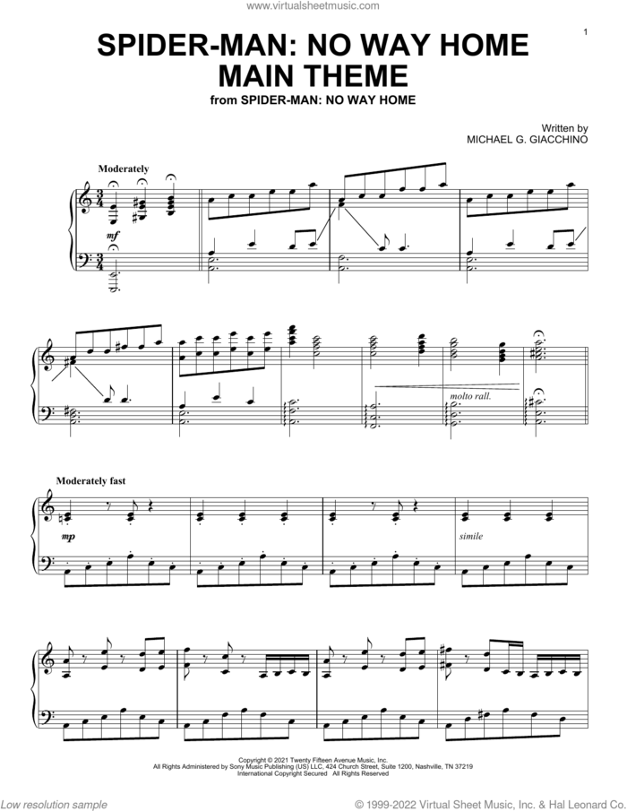 Spider-Man: No Way Home Main Theme (from Spider-Man: No Way Home) sheet music for piano solo by Michael Giacchino and Michael G. Giacchino, intermediate skill level