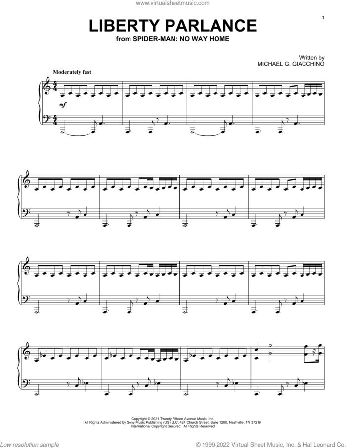 Liberty Parlance (from Spider-Man: No Way Home) sheet music for piano solo by Michael Giacchino and Michael G. Giacchino, intermediate skill level