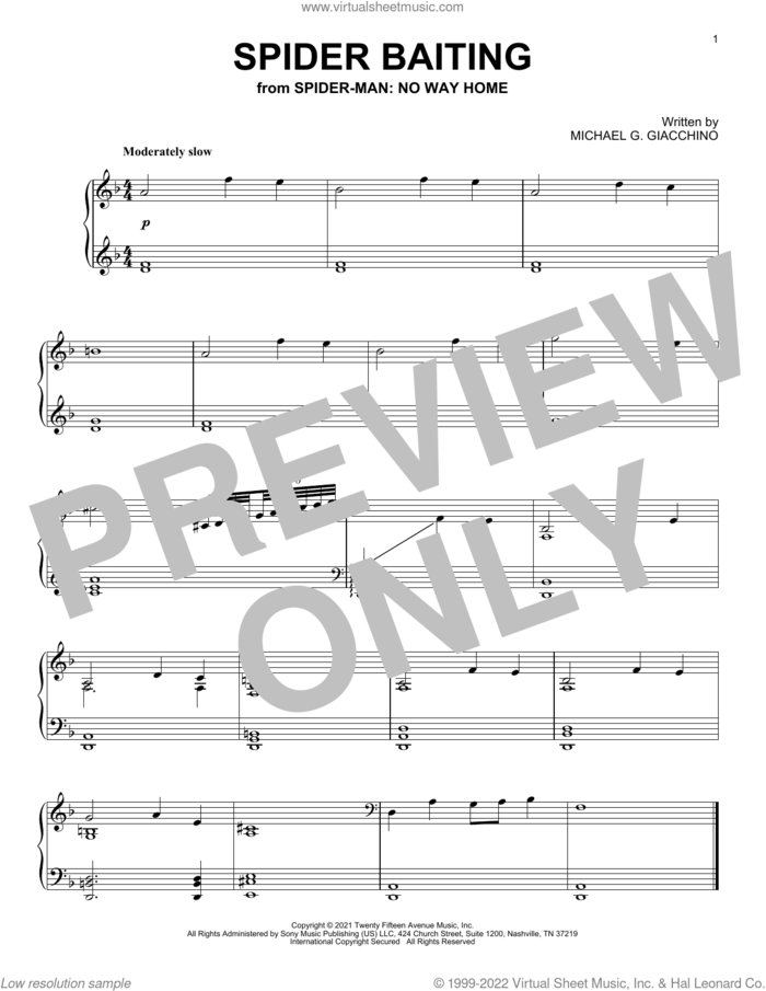 Spider Baiting (from Spider-Man: No Way Home) sheet music for piano solo by Michael Giacchino and Michael G. Giacchino, intermediate skill level