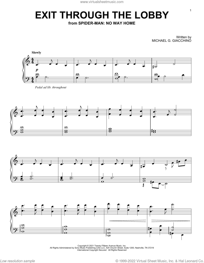 Exit Through The Lobby (from Spider-Man: No Way Home) sheet music for piano solo by Michael Giacchino and Michael G. Giacchino, intermediate skill level