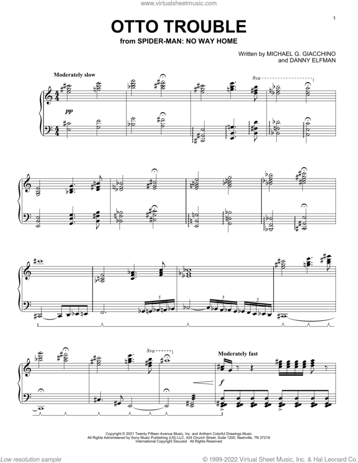 Otto Trouble (from Spider-Man: No Way Home) sheet music for piano solo by Michael Giacchino, Danny Elfman and Michael G. Giacchino, intermediate skill level