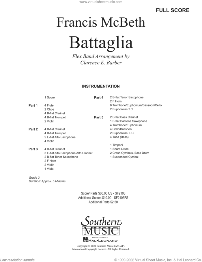 Battaglia (COMPLETE) sheet music for concert band by Francis McBeth and Clarence Barber, intermediate skill level