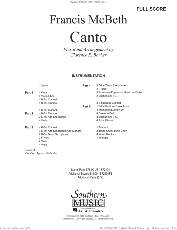Canto (COMPLETE) sheet music for concert band by Francis McBeth and Clarence Barber, intermediate skill level