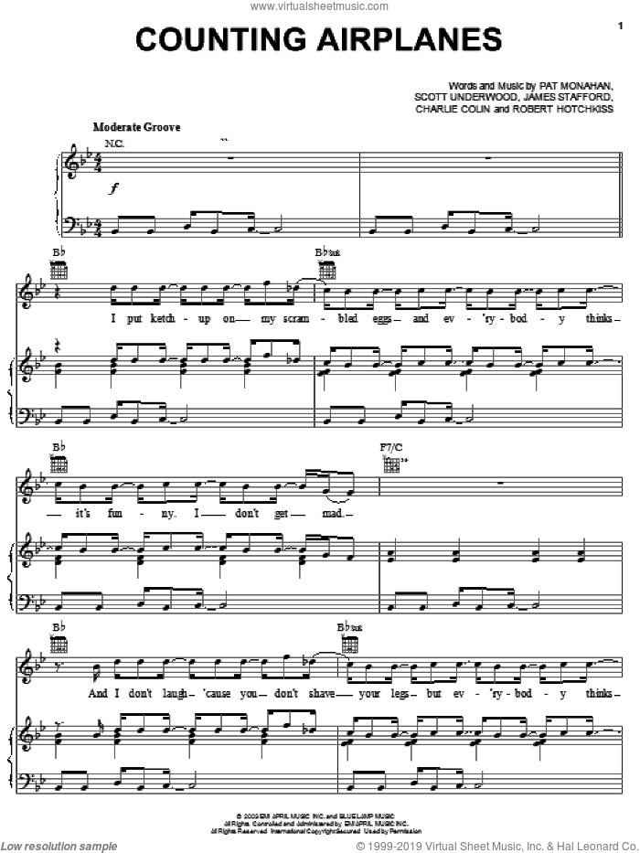 Counting Airplanes sheet music for voice, piano or guitar by Train, James Stafford, Pat Monahan and Scott Underwood, intermediate skill level