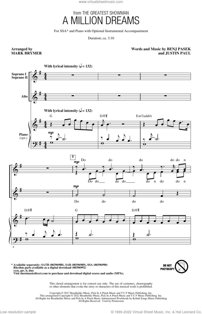 A Million Dreams (from The Greatest Showman) (arr. Mark Brymer) sheet music for choir (SSA: soprano, alto) by Pasek & Paul, Mark Brymer, Benj Pasek and Justin Paul, intermediate skill level