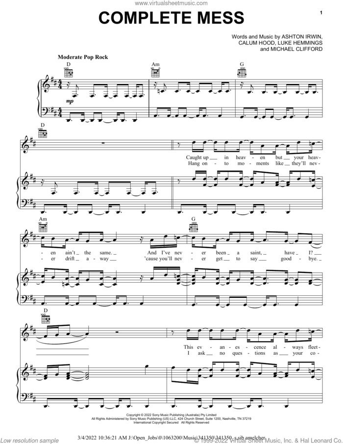 Complete Mess sheet music for voice, piano or guitar by 5 Seconds of Summer, Ashton Irwin, Calum Hood, Luke Hemmings and Michael Clifford, intermediate skill level