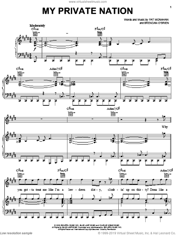 My Private Nation sheet music for voice, piano or guitar by Train and Pat Monahan, intermediate skill level