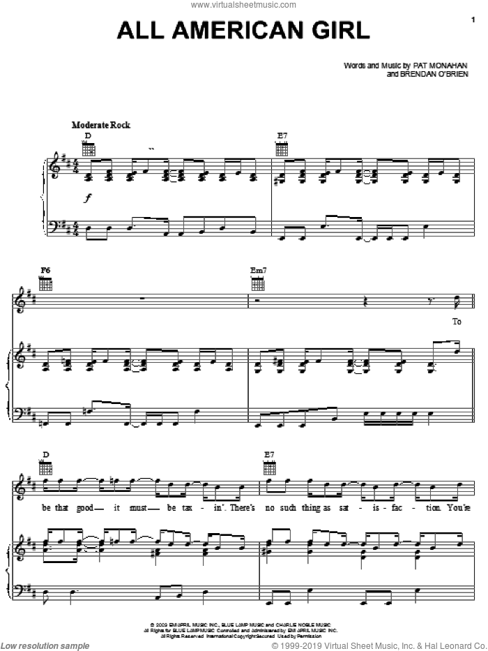All American Girl sheet music for voice, piano or guitar by Train and Pat Monahan, intermediate skill level