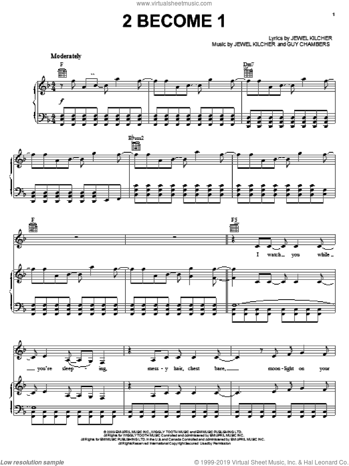 2 Become 1 sheet music for voice, piano or guitar by Jewel, Guy Chambers and Jewel Kilcher, intermediate skill level