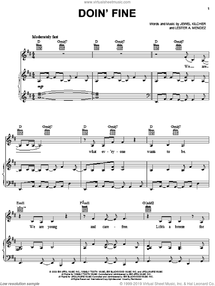 Doin' Fine sheet music for voice, piano or guitar by Jewel, Jewel Kilcher and Lester Mendez, intermediate skill level