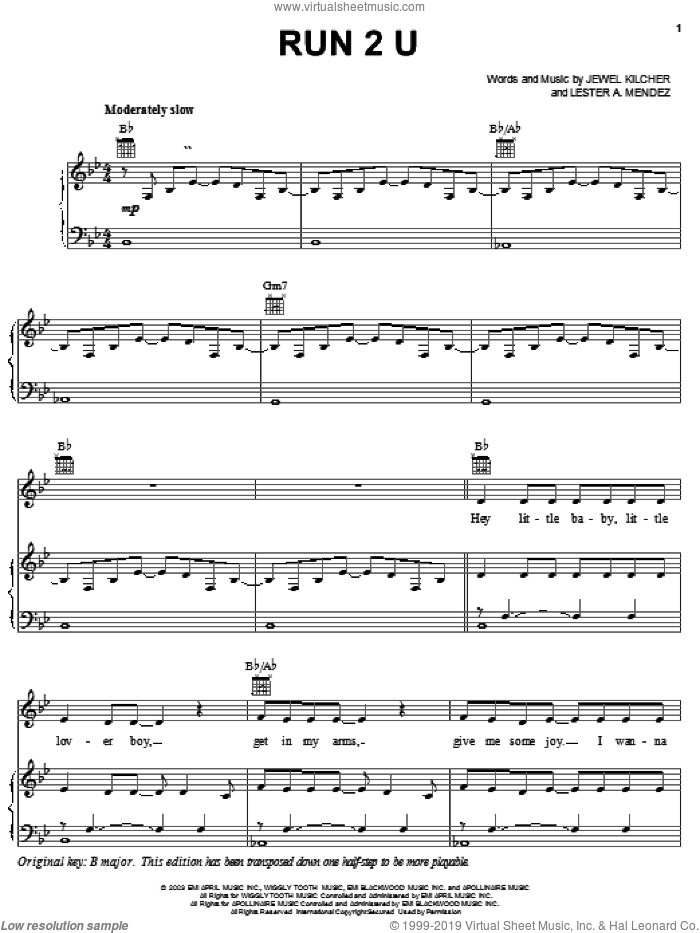 Run 2 U sheet music for voice, piano or guitar by Jewel, Jewel Kilcher and Lester Mendez, intermediate skill level