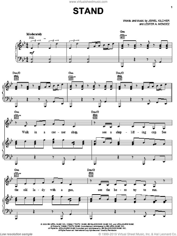 Stand sheet music for voice, piano or guitar by Jewel, Jewel Kilcher and Lester Mendez, intermediate skill level