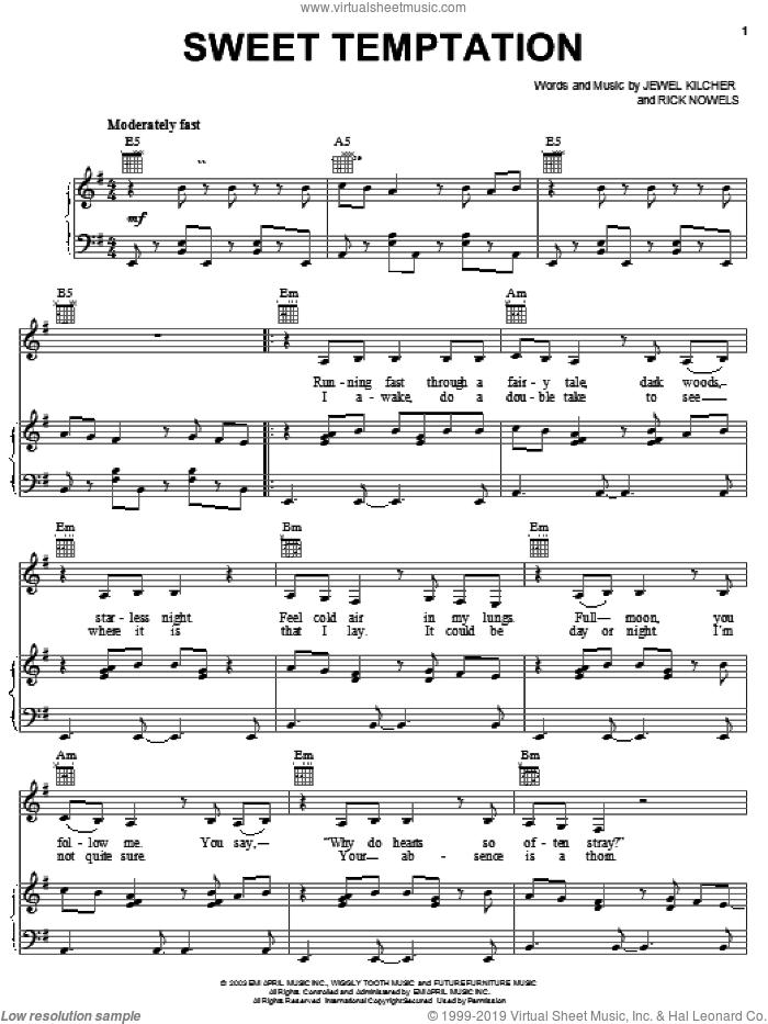 Sweet Temptation sheet music for voice, piano or guitar by Jewel, Jewel Kilcher and Rick Nowels, intermediate skill level