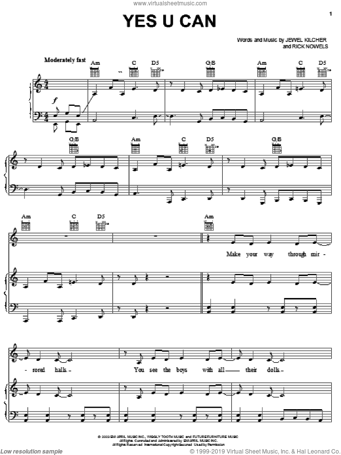 Yes U Can sheet music for voice, piano or guitar by Jewel, Jewel Kilcher and Rick Nowels, intermediate skill level