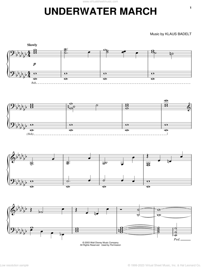Underwater March sheet music for piano solo by Klaus Badelt and Pirates Of The Caribbean: The Curse Of The Black Pearl (Movie), intermediate skill level