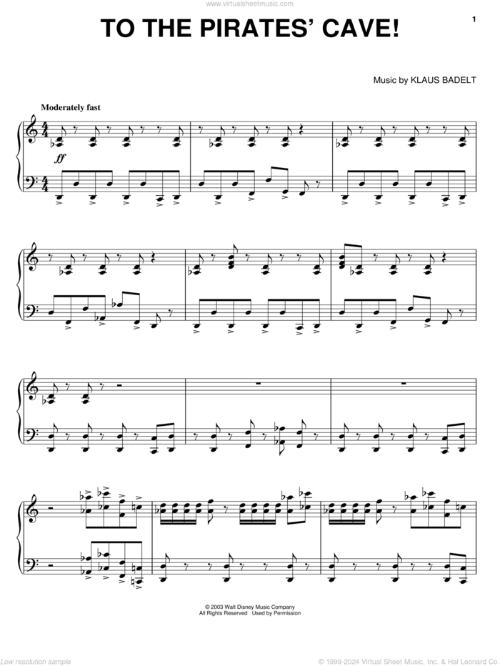 To The Pirate's Cave! sheet music for piano solo by Klaus Badelt and Pirates Of The Caribbean: The Curse Of The Black Pearl (Movie), intermediate skill level