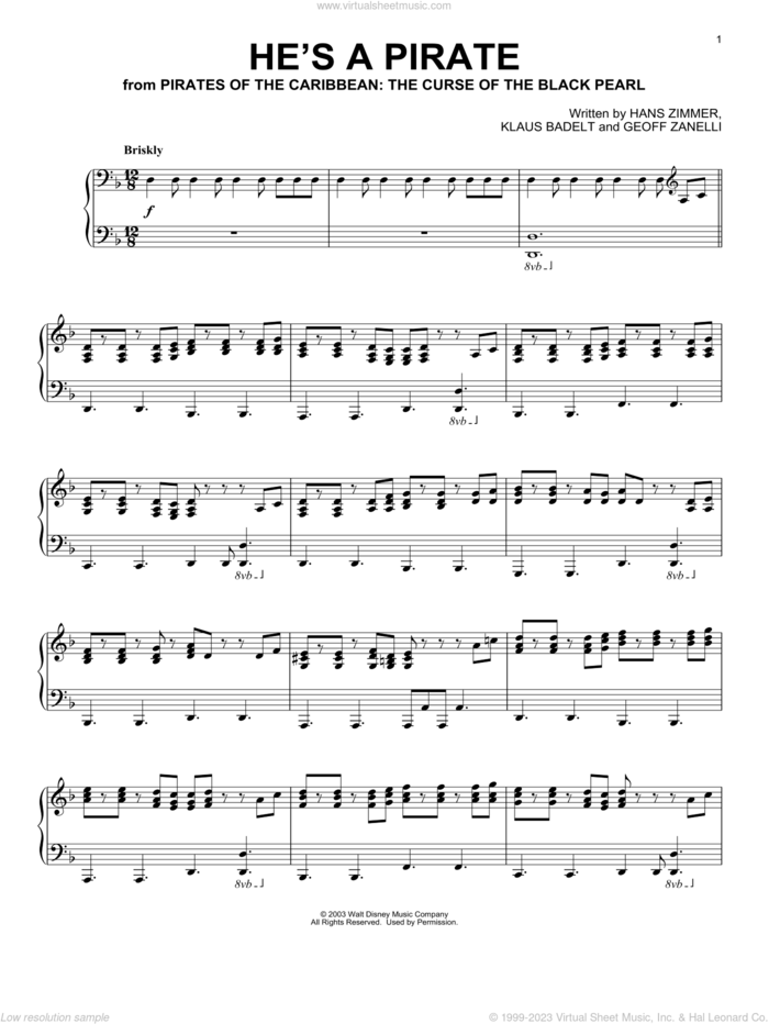 He's A Pirate (from Pirates Of The Caribbean: The Curse of the Black Pearl) sheet music for piano solo by Klaus Badelt and Pirates Of The Caribbean: The Curse Of The Black Pearl (Movie), intermediate skill level