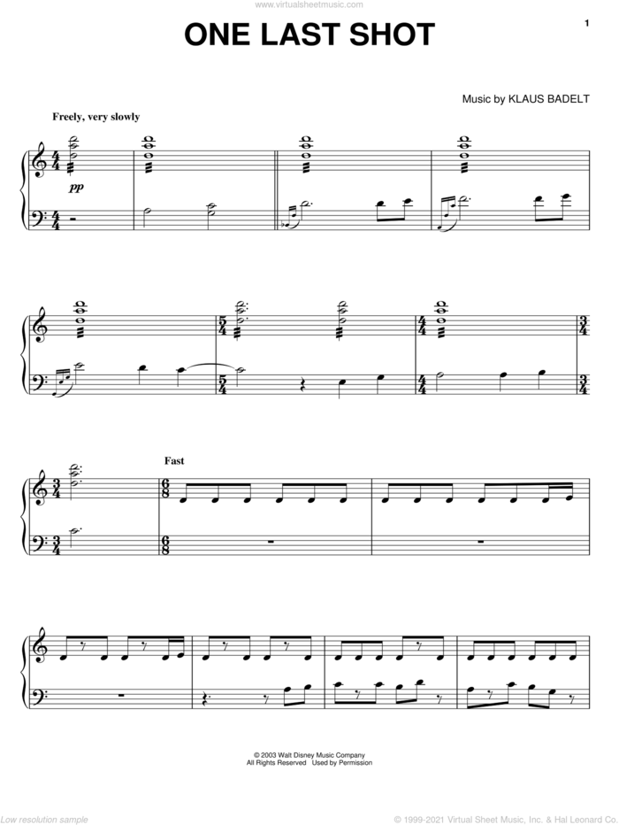 One Last Shot sheet music for piano solo by Klaus Badelt and Pirates Of The Caribbean: The Curse Of The Black Pearl (Movie), intermediate skill level