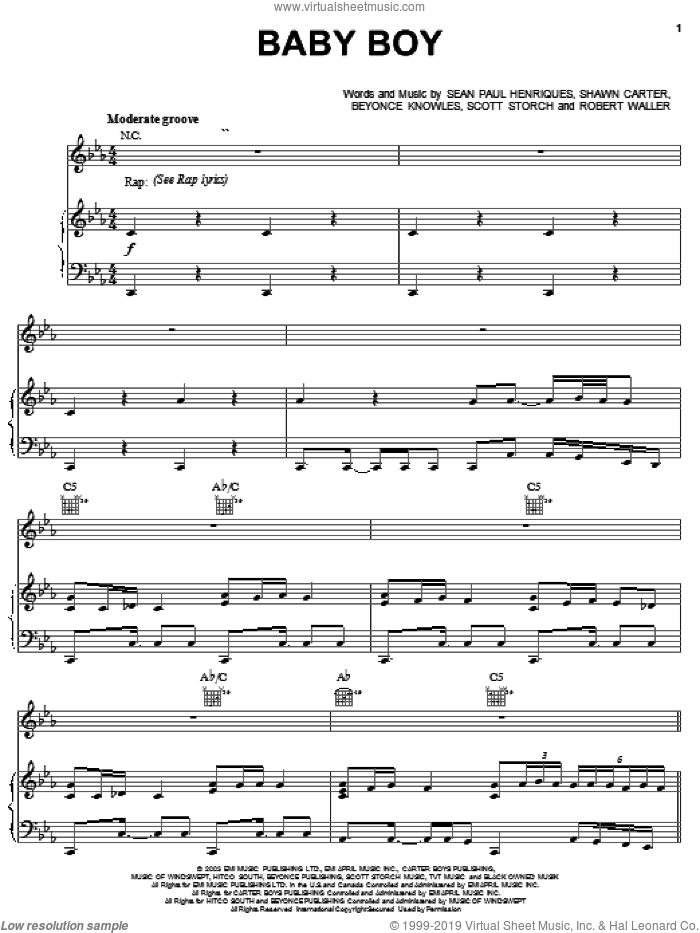 Baby Boy sheet music for voice, piano or guitar by Beyonce, Sean Paul, Sean Paul Henriques and Shawn Carter, intermediate skill level